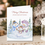 Merry Christmas from New Home Snowman Moving Announcement<br><div class="desc">Christmas card from your new home. The wording reads "Merry Christmas from our new home"  and you can add your personalised christmas greeting and new address on the inside. This watercolor design features 3 cute snowmen with a backdrop of christmas trees.</div>