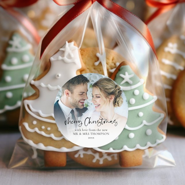Merry Christmas from Newlyweds Photo Overlay Classic Round Sticker (For your festive wedding favors, and first married christmas gifts and mailings)