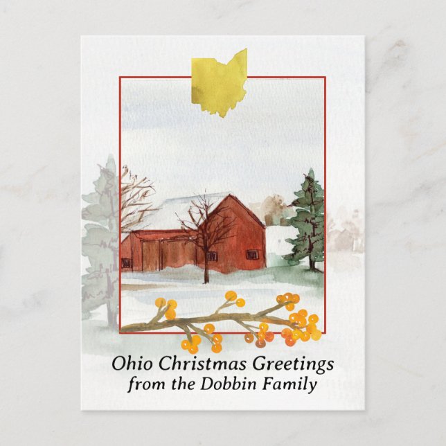 Merry Christmas from Ohio Red Barn Personalised Holiday Postcard (Front)