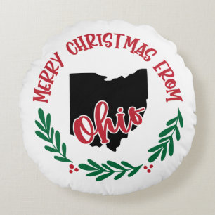 Merry Christmas From Ohio US Red Green White Round Cushion