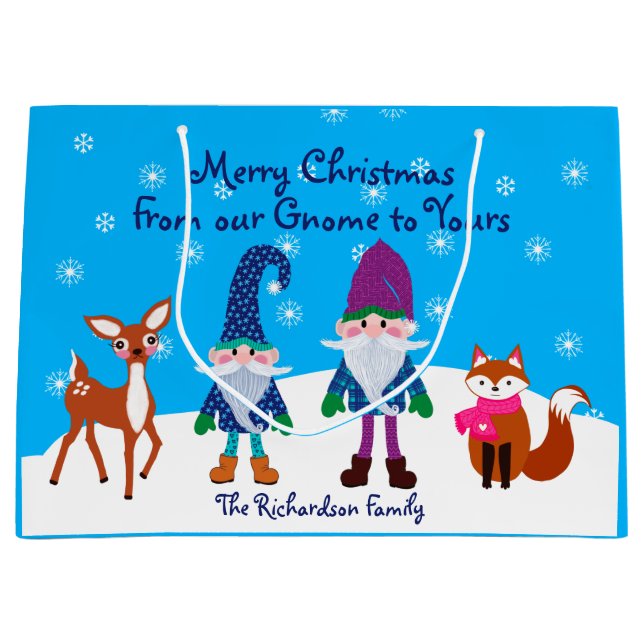 Merry Christmas From our Gnome to Yours Deer Fox L Large Gift Bag (Front)