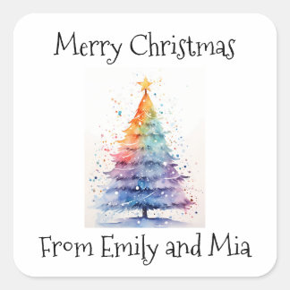 Merry Christmas from Rainbow Watercolor Tree Square Sticker