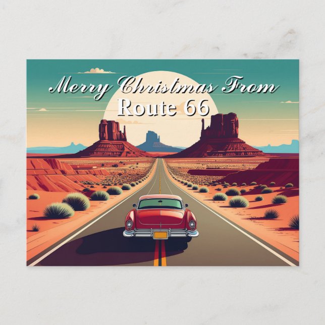 Merry Christmas from Route 66 Retro Car Desert Postcard (Front)