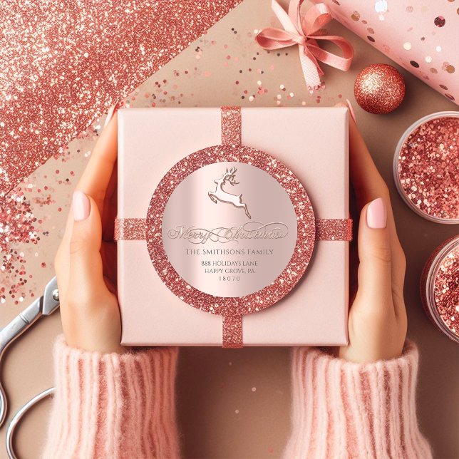 Merry Christmas From  RSVP Rose Deer Pink Classic Round Sticker (Merry Christmas From RSVP Rose Deer Pink Classic Round Sticker)