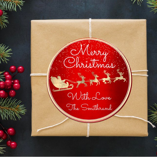 Merry Christmas From Santa Reindeer Sleight Red Classic Round Sticker (Merry Christmas From Santa Reindeer Sleight Red Classic Round Sticker)