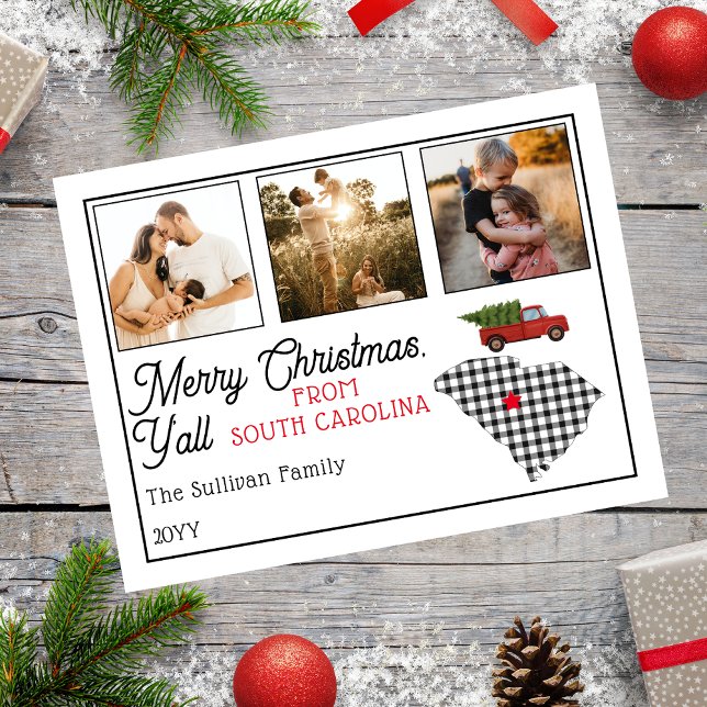 Merry Christmas from South Carolina Photo Holiday Postcard (Rustic "Merry Christmas Y'all from South Carolina" Three Photo and State Holiday Postcard)
