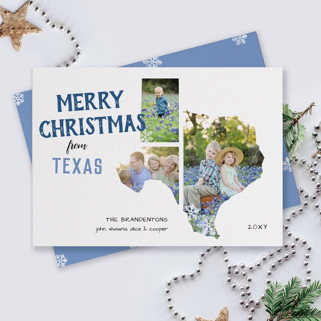 Merry Christmas from Texas Three Photo Card (From the state of Texas with love three photo Christmas holiday card and moving announcement)