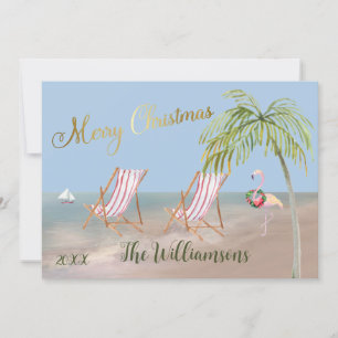 Merry Christmas From the Beach Palm Tree Flamingo Card