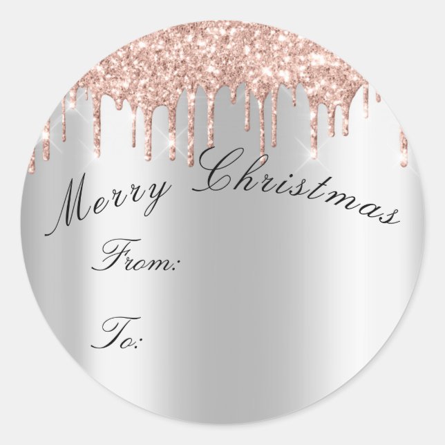 Merry Christmas From To Holidays Spark Rose Grey Classic Round Sticker (Front)