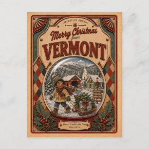 Merry Christmas from Vermont Vintage Snow Globe Holiday Postcard