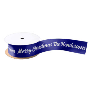 Merry Christmas From Your Name Navy Blue and White Satin Ribbon