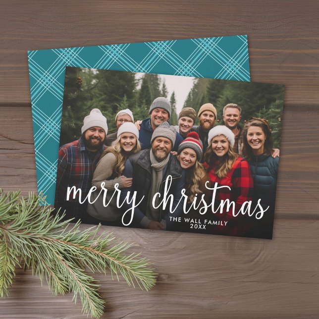 Merry Christmas Full Photo Simple Script - Blue Holiday Card (Modern Christmas Card with 1 Photo - Download Option Available)