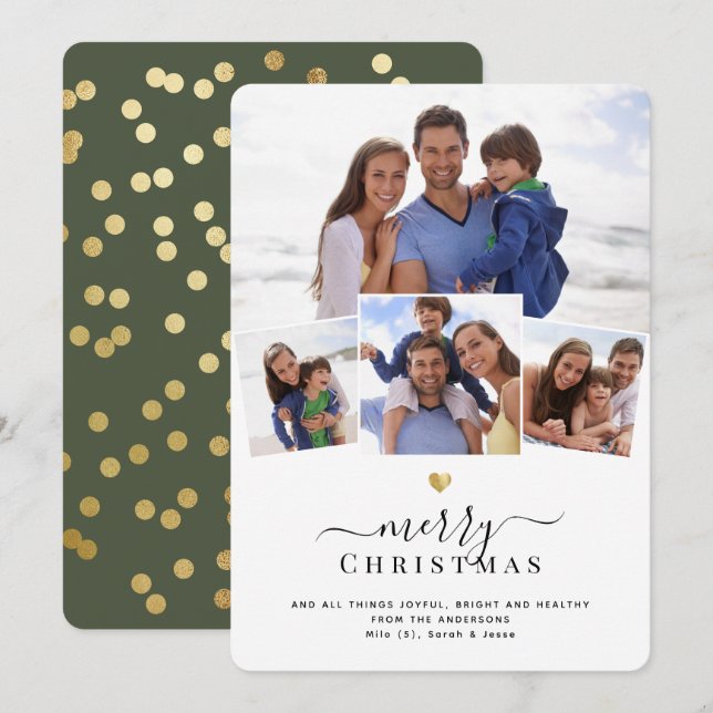 Merry Christmas Fun Chic Gold Heart Photo Collage Holiday Card (Front/Back)