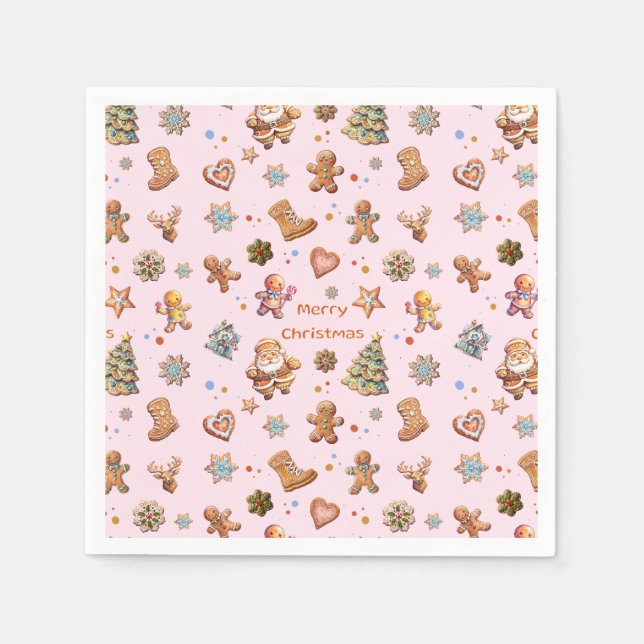 Merry Christmas Fun Cute Gingerbread Pink Napkin (Front)