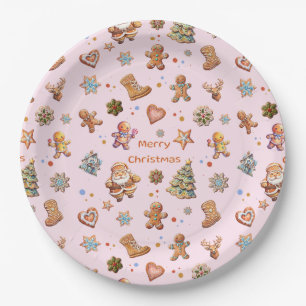 Merry Christmas Fun Cute Gingerbread Pink Paper Plate