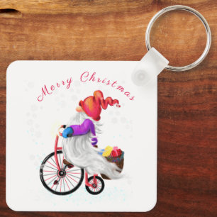 Merry Christmas - Fun Gnome with Bike and Gifts Key Ring