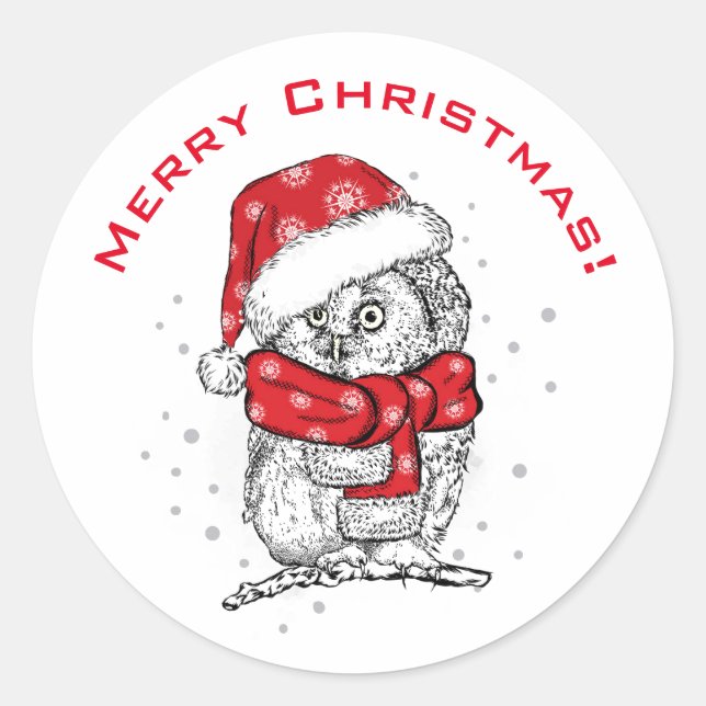 MERRY CHRISTMAS FUN OWL Classic Round Sticker (Front)
