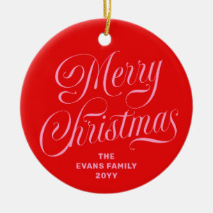 Merry Christmas fun pink and red photo Ceramic Tree Decoration