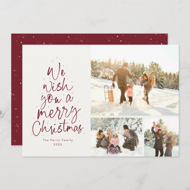 Merry Christmas fun red three photo family Holiday Card (Front/Back)