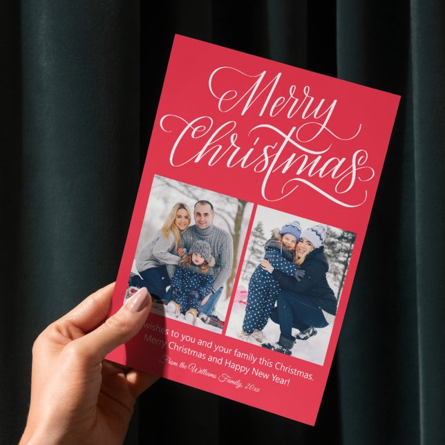 merry christmas fun script 2 photos red holiday postcard (Creator Uploaded)