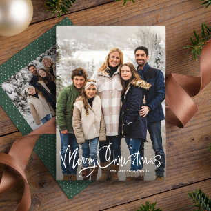 Merry Christmas fun script simple green photo Holiday Card