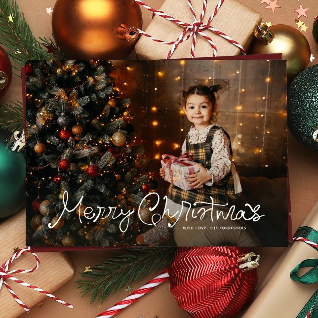 Merry Christmas fun script three photo red Holiday Card (Creator Uploaded)