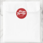 Merry Christmas Fun Simple Retro Typography Modern Classic Round Sticker<br><div class="desc">Fun,  retro vintage typography holiday gift bag sticker reading MERRY CHRISTMAS and your custom names on candy stripe red. Polka dot pattern on the back.</div>