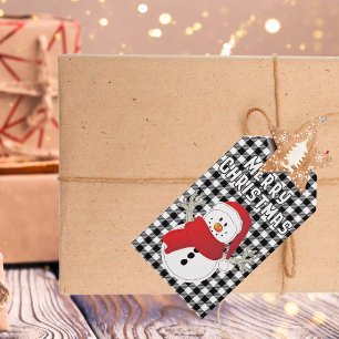 Merry Christmas Fun Snowman Cartoon Black Plaid Gift Tags