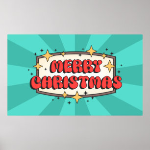 Merry christmas funky text, groovy retro cartoon  poster