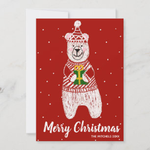 Merry Christmas Funny Bear Present Red Stripe Holiday Card