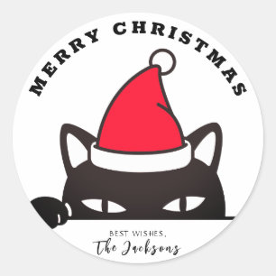 Merry Christmas Funny Black Cat Peeking  Classic Round Sticker