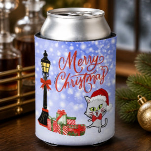 Merry Christmas Funny Cat in a Santa Hat Can Cooler