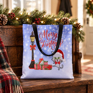 Merry Christmas Funny Cat in a Santa Hat Tote Bag