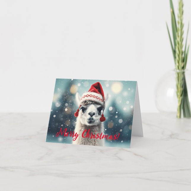 Merry Christmas Funny Cute Lllama Alpaca Santa Hat Holiday Card (Front)