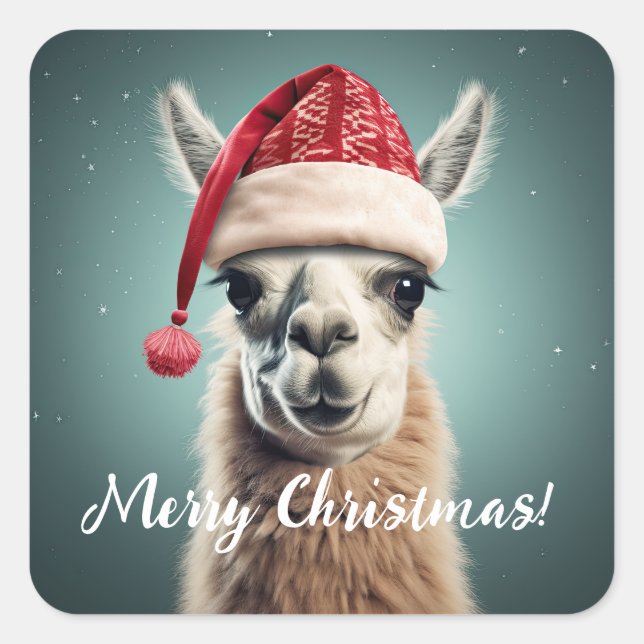 Merry Christmas Funny Cute Lllama Alpaca Santa Hat Square Sticker (Front)