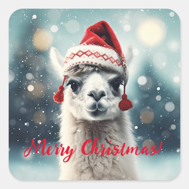Merry Christmas Funny Cute Lllama Alpaca Santa Hat Square Sticker (Front)