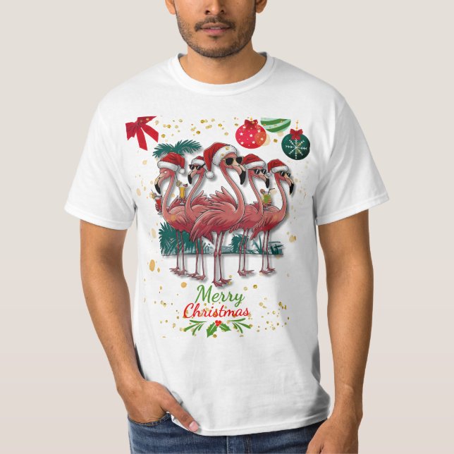 Merry Christmas Funny Flamingo with Sunglasses  T-Shirt (Front)
