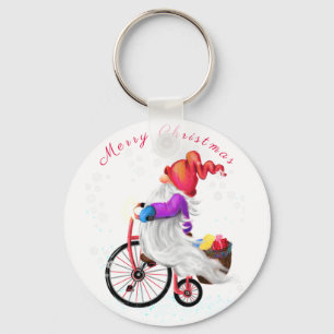 Merry Christmas - Funny Gnome with Bike and Gifts  Key Ring