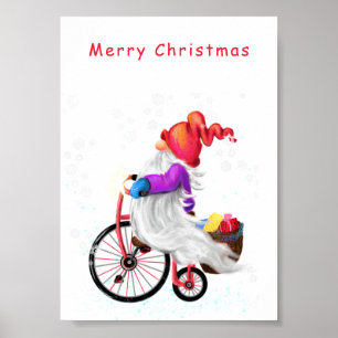 Merry Christmas - Funny Gnome with Bike and Gifts  Poster