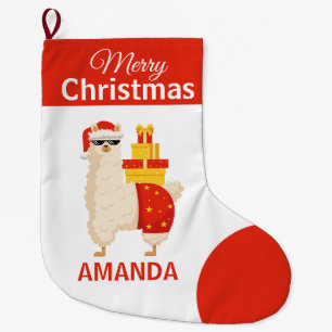 Merry Christmas  Funny Red Santa Llama Winter Fun Large Christmas Stocking