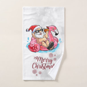 Merry Christmas Funny Santa Claus,Pink Flamingo Bath Towel Set