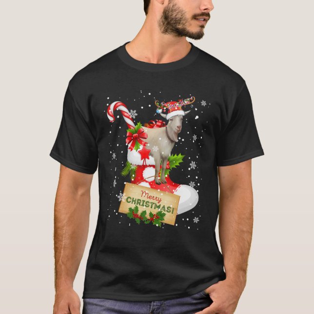 Merry Christmas Funny Santa Reindeer Goat In Sock T-Shirt (Front)