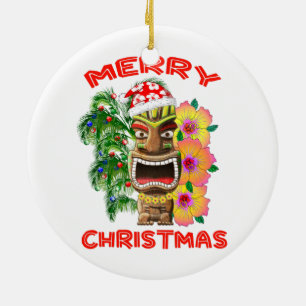 Merry Christmas Funny Santa Tiki Ceramic Tree Decoration