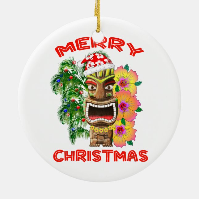 Merry Christmas Funny Santa Tiki Ceramic Tree Decoration (Back)