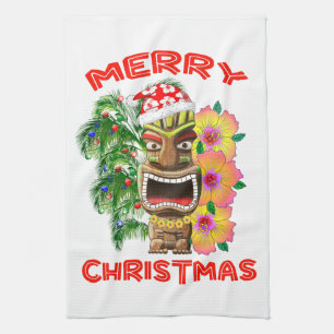 Merry Christmas Funny Santa Tiki Tea Towel