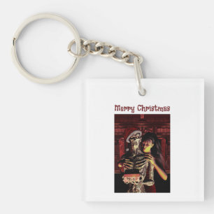Merry Christmas. Funny skeleton with woman Key Ring