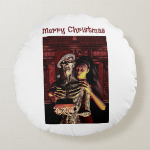 Merry Christmas. Funny skeleton with woman Round Cushion