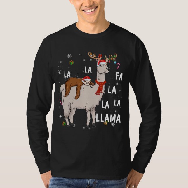 Merry Christmas Funny Sloth Riding Llama Reindeer  T-Shirt (Front)