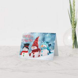 Merry Christmas Funny Snowmen with Scarves  Holiday Card