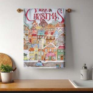 Merry Christmas Funny Whimsical Cute Winter Town Tea Towel